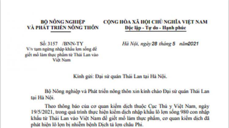 Tạm ngừng nhập khẩu lợn thịt từ Thái Lan