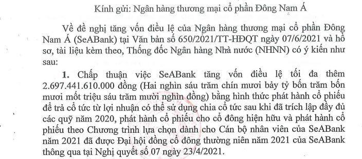 SeABank được tăng vốn điều lệ thêm 2.697 tỷ đồng