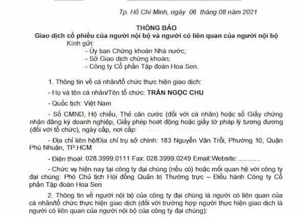 Hoa Sen (HSG): Phó Chủ tịch đăng ký bán 400.000 cổ phiếu