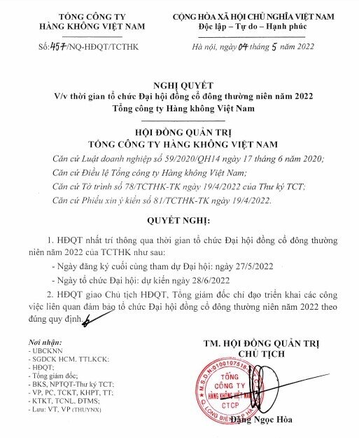 Vietnam Airlines thông qua việc chốt danh sách cổ đông 2022