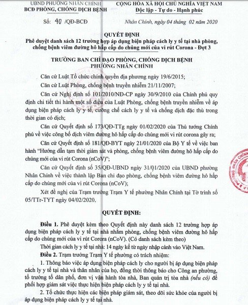Nhiều chung cư Hà Nội thông báo cách ly tại nhà đối người đến từ vùng dịch