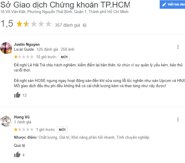 Sở Giao dịch Chứng khoán TPHCM (HOSE) nhận “bão”đánh giá 1 sao trên Google