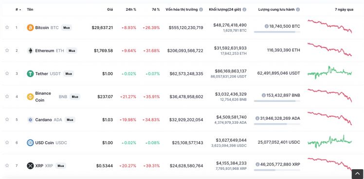 Bitcoin rớt ngưỡng tâm lý 30,000 USD, Binance Coin, Ripple, Dogecoin sụt hơn 20%