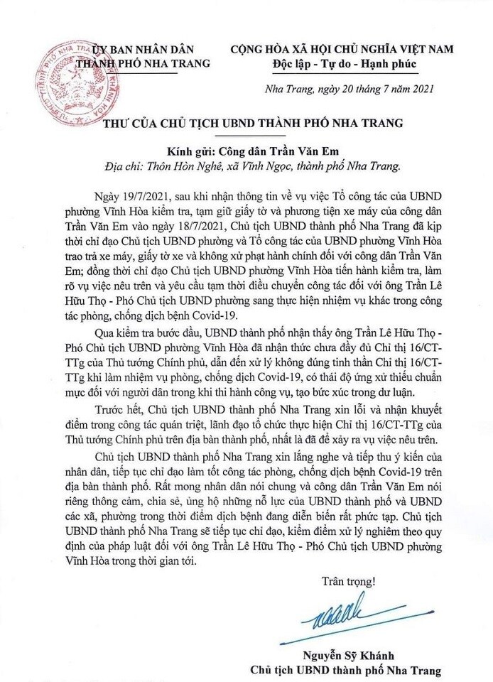 Chủ tịch UBND TP Nha Trang xin lỗi vụ công nhân đi mua bánh mì bị giữ xe