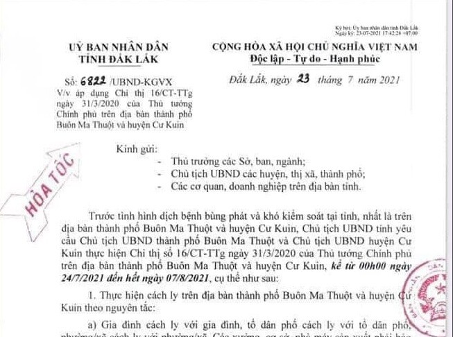 Thành phố Buôn Ma Thuột giãn cách xã hội theo chỉ thị 16 từ 24/7