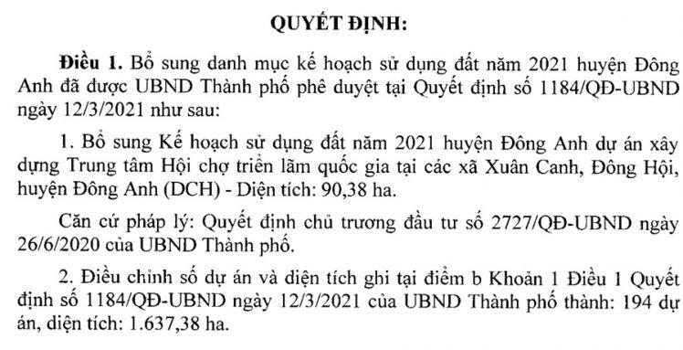 Đông Anh có 194 dự án với tổng diện tích 1.637,38ha