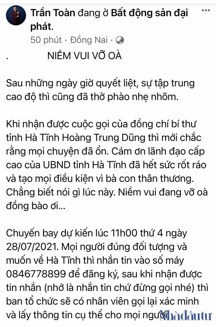 Dự kiến ngày 28/7, chuyến bay do doanh nhân Trần Văn Toàn tài trợ sẽ đưa công dân Hà Tĩnh từ TP.HCM về quê