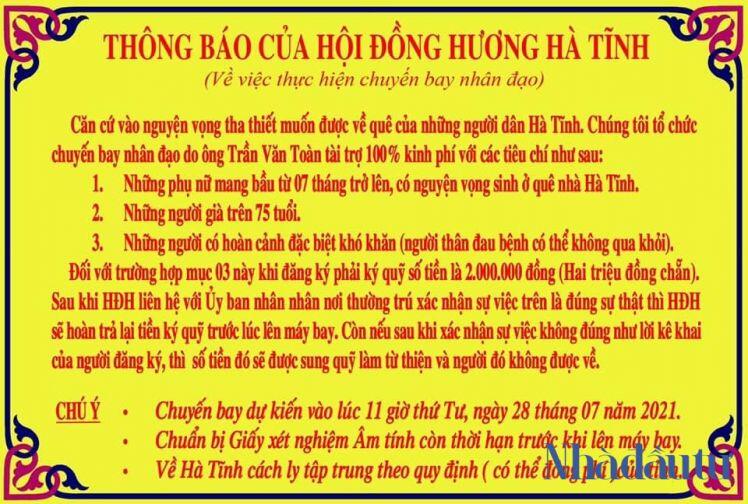 Dự kiến ngày 28/7, chuyến bay do doanh nhân Trần Văn Toàn tài trợ sẽ đưa công dân Hà Tĩnh từ TP.HCM về quê