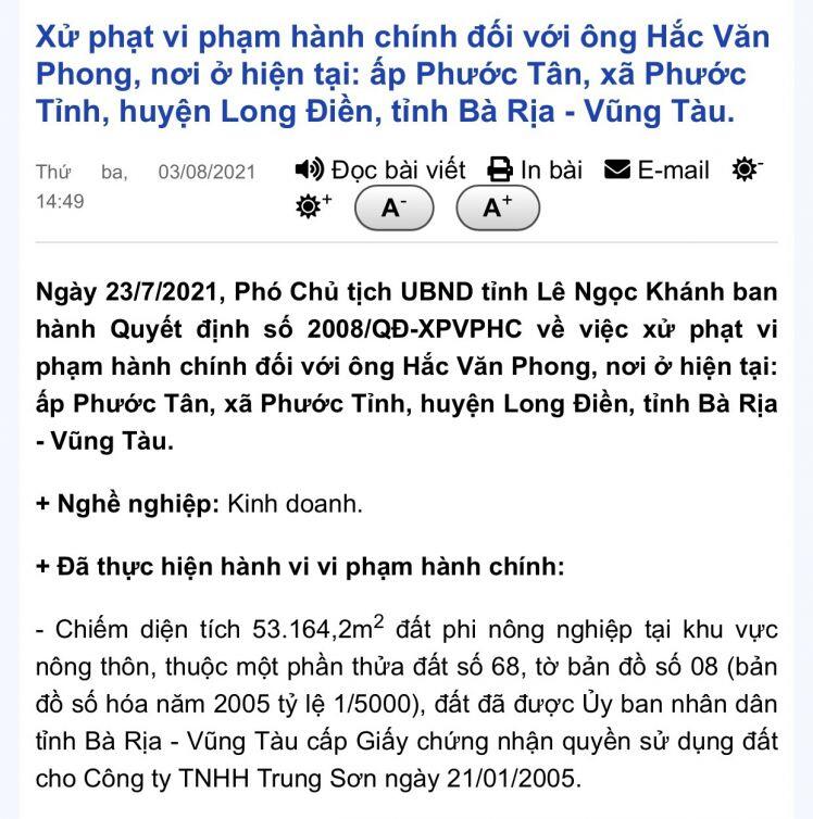 Bà Rịa – Vũng Tàu: Xử phạt 1 cá nhân 350 triệu đồng về hành vi chiếm đất trái phép